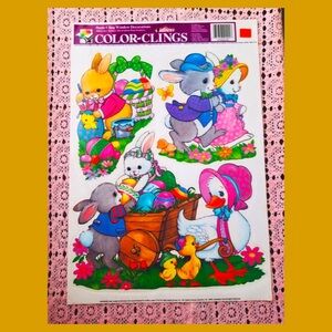 Vintage 90s Easter Bunny Theme Window Color Clings Decorations 1 LARGE sheet!